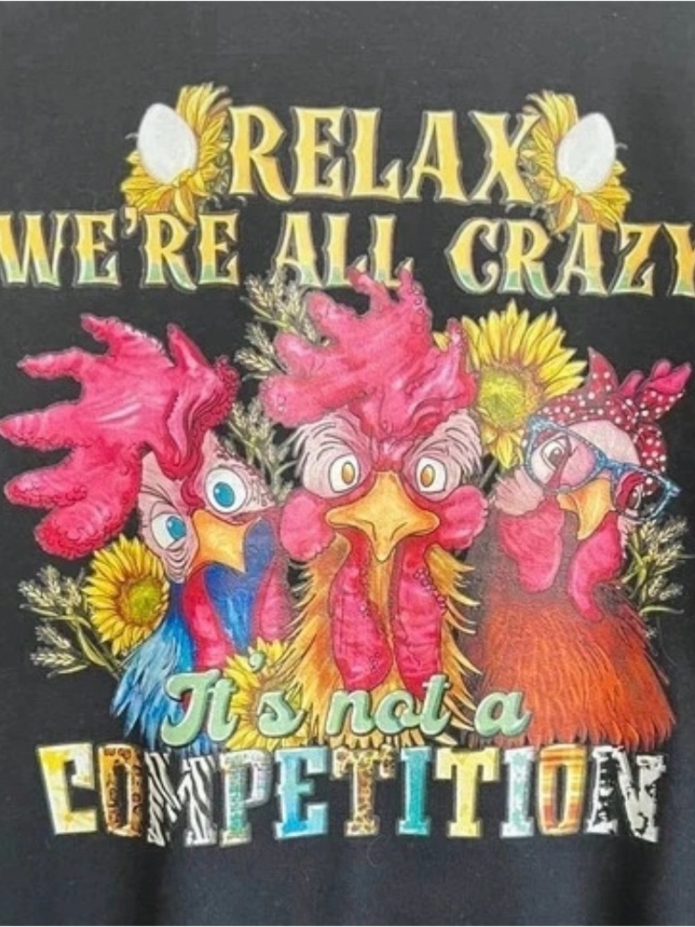 Gildan Black Tee with Pink Rooster Trio and Sunflower Graphic l